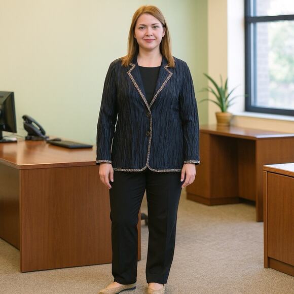 Chico's Jacket NWT Size 2 (L) Trudi Viscose Crinkle Button Up Ink Animal Trim - Picture 1 of 6